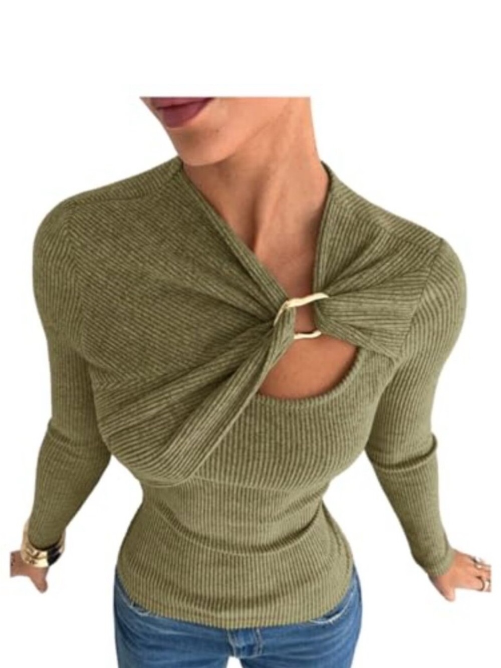 Women's Cut Out Long Sleeve Wrap Top Ribbed Dressy Asymmetrical Neck Tee